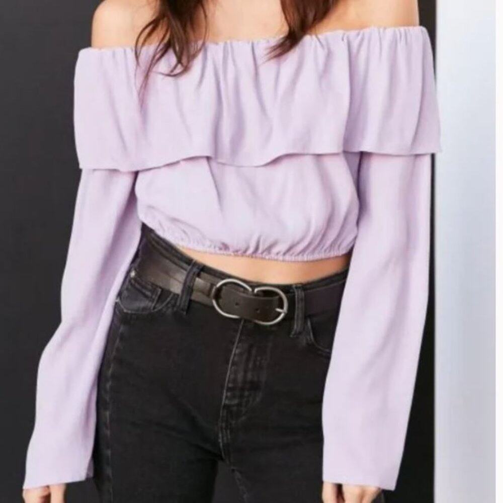 Silence + Noise UO Purple Off Shoulder Crop Top Lavender Boho Long Sleeve